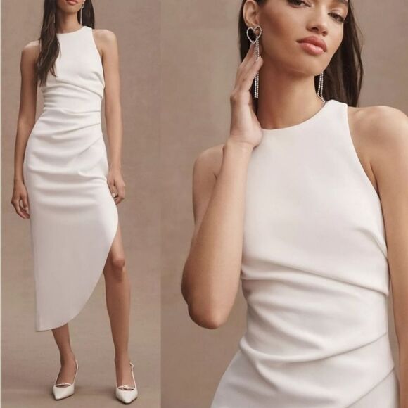NWT MISHA Ida Sleeveless Ruched Asymmetrical Hem Midi Dress White - Picture 1 of 8